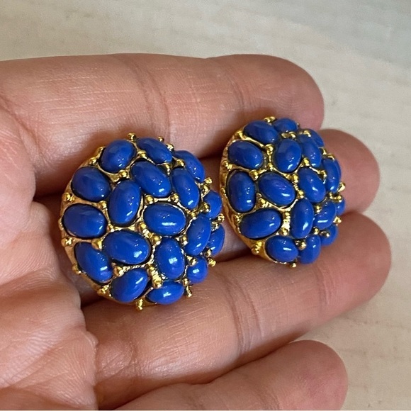 Vintage KJL by KENNETH Jay Lane Dome Cabochon Stud Earrings Navy Blue Pierce - Picture 9 of 12